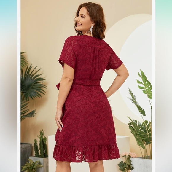 New-Burgundy Short Sleeve Wrap Ruffle Midi Dresses 4XL - Picture 3 of 9